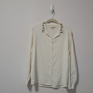 Sezane 100% Silk Jeweled Collar Pierro Shirt Cream Large
